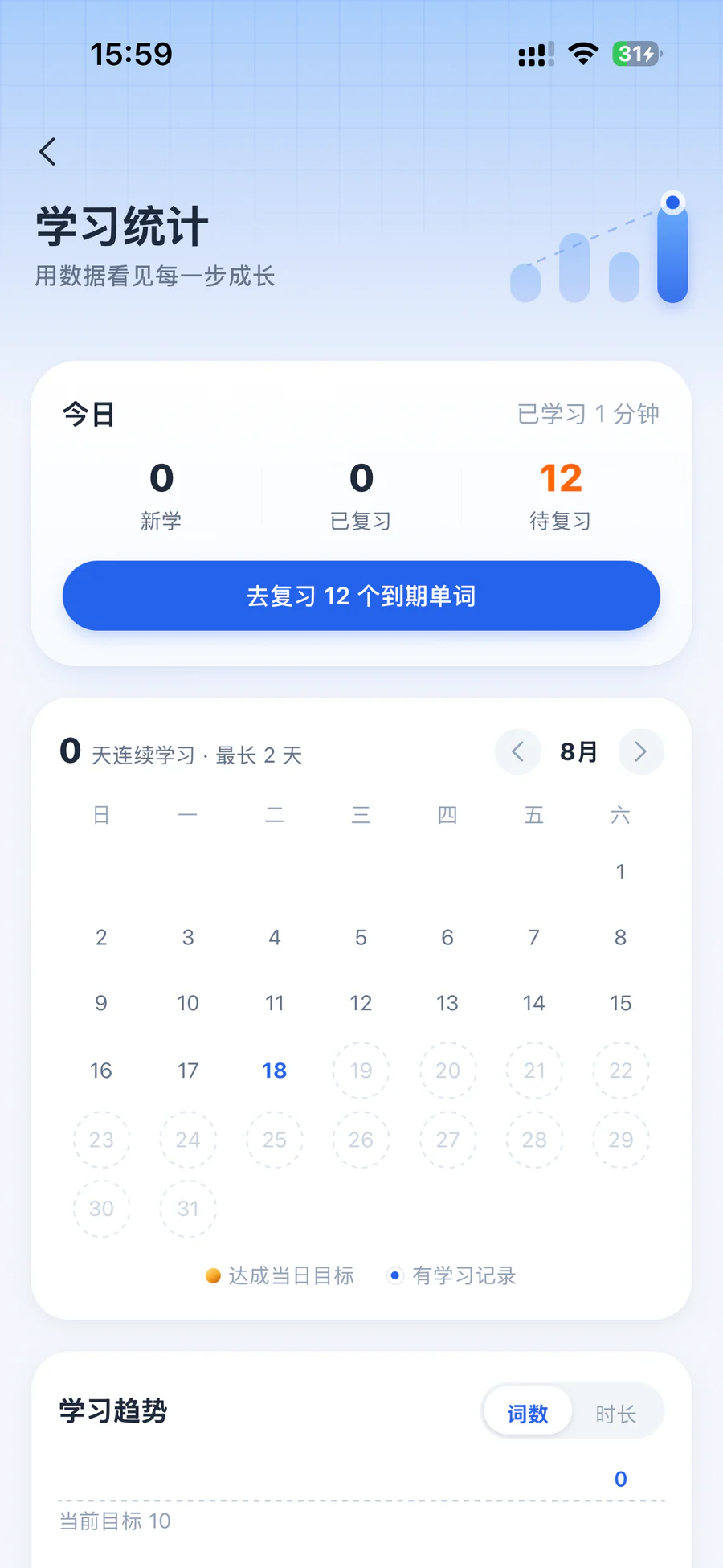 韩贝学习统计页面，展示每日学习和复习进度