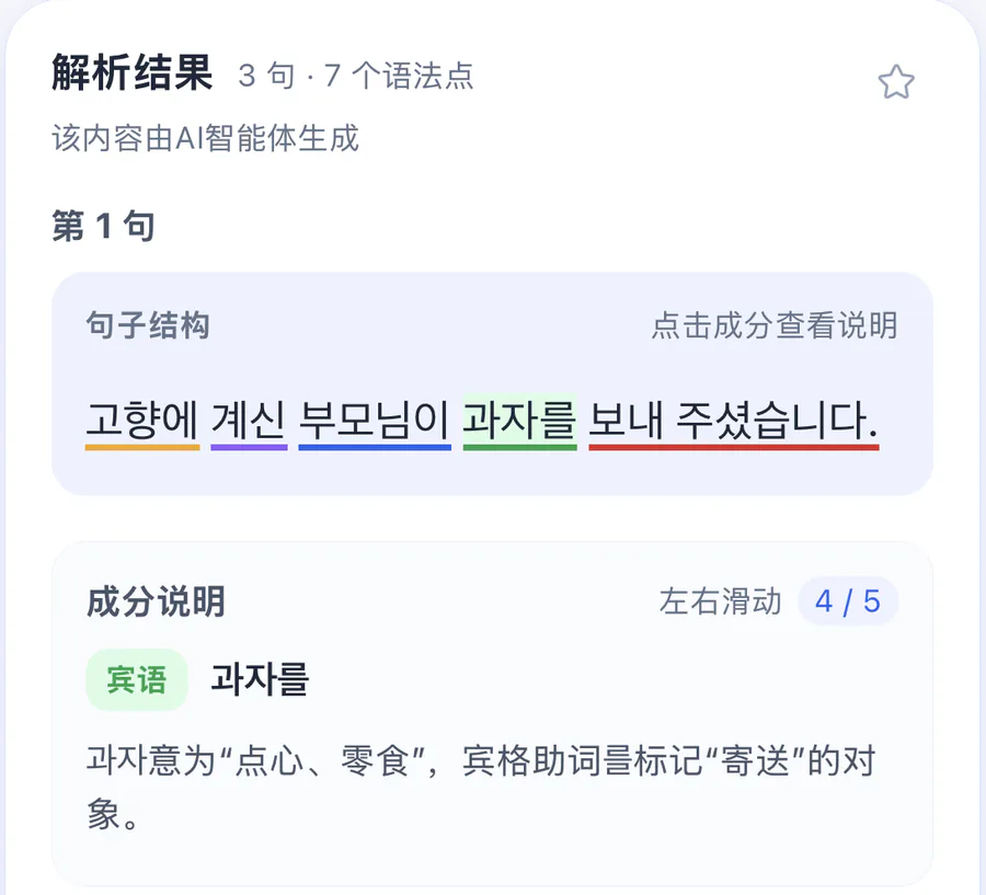 解析结果特写：句子成分用不同颜色标注，下方解释宾语 과자를 的含义与作用